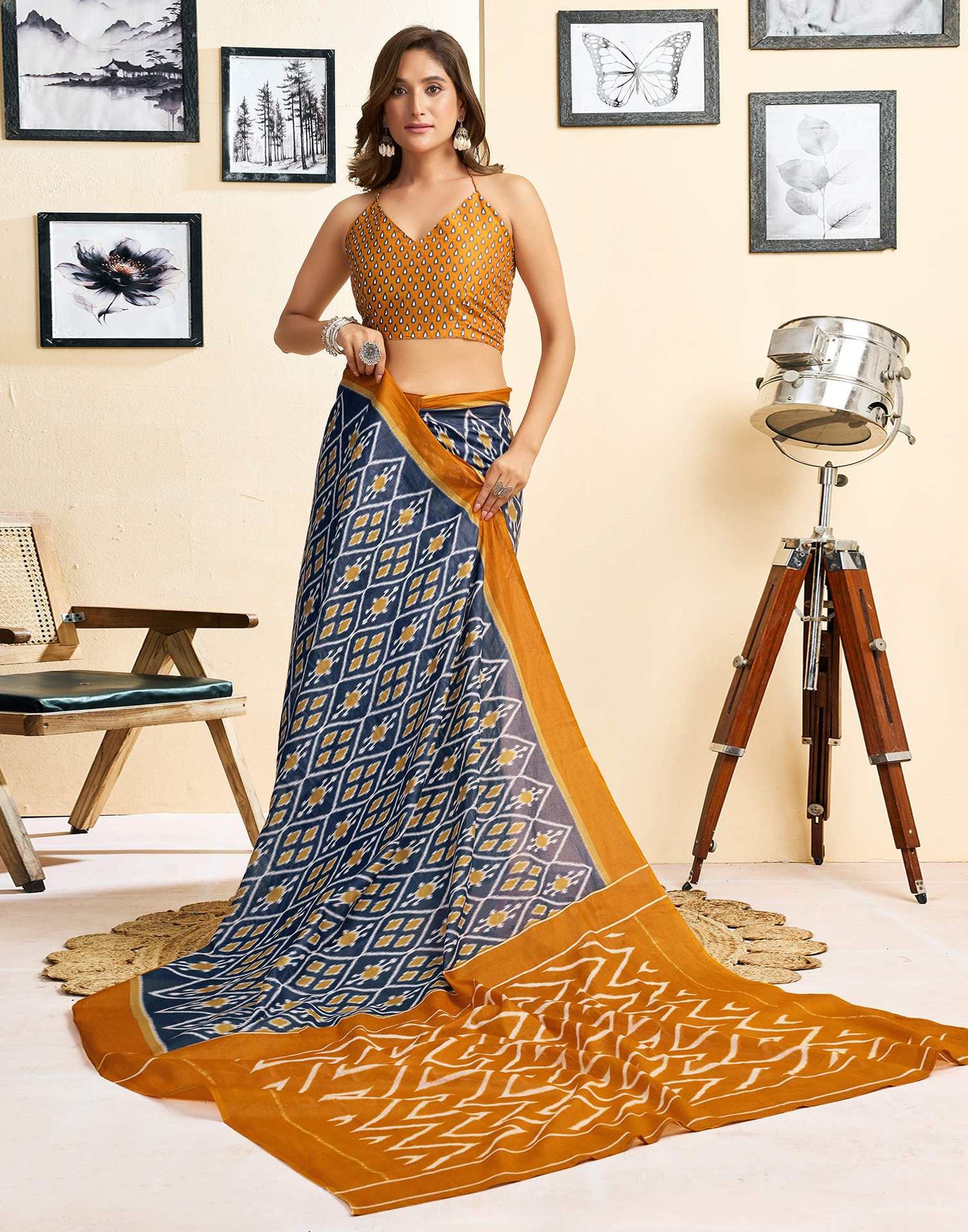 Ready To Wear Blue Cotton Printed Saree