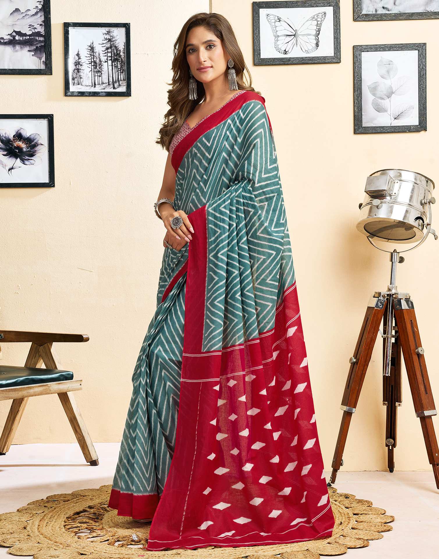 Ready To Wear Green Cotton Printed Saree