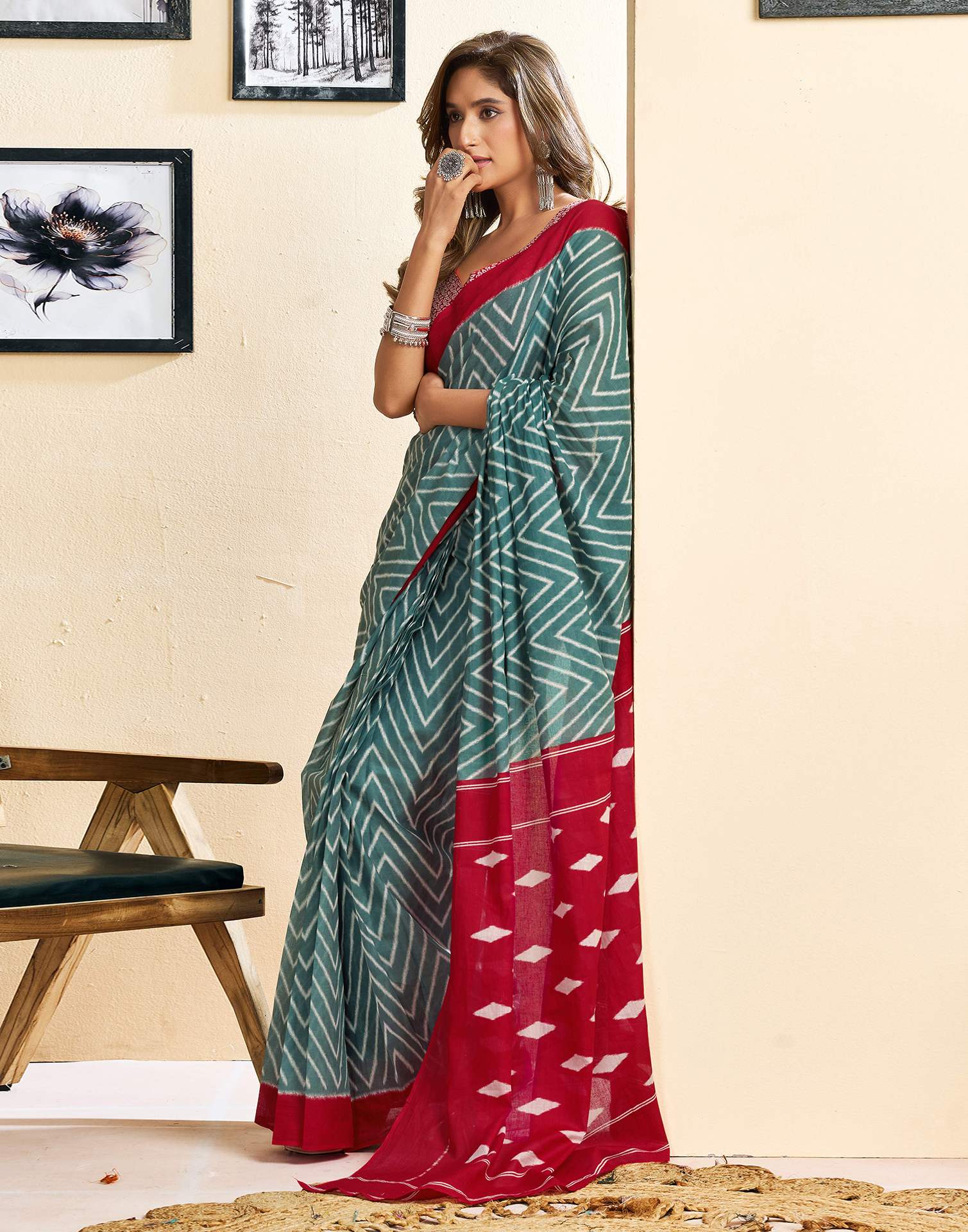 Ready To Wear Green Cotton Printed Saree
