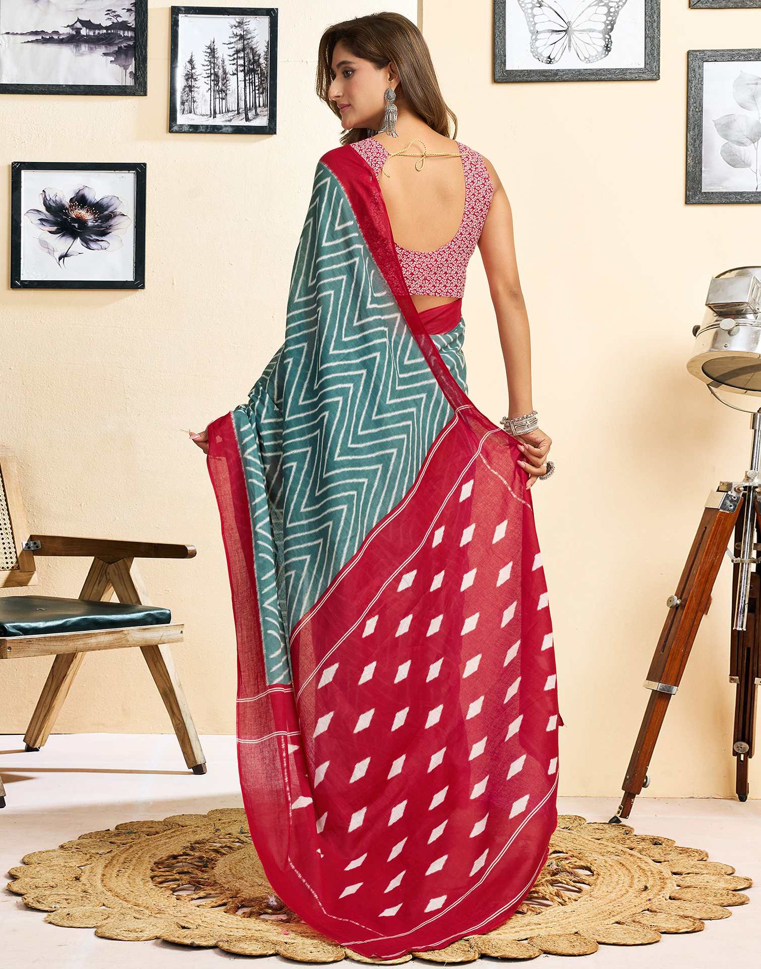Ready To Wear Green Cotton Printed Saree