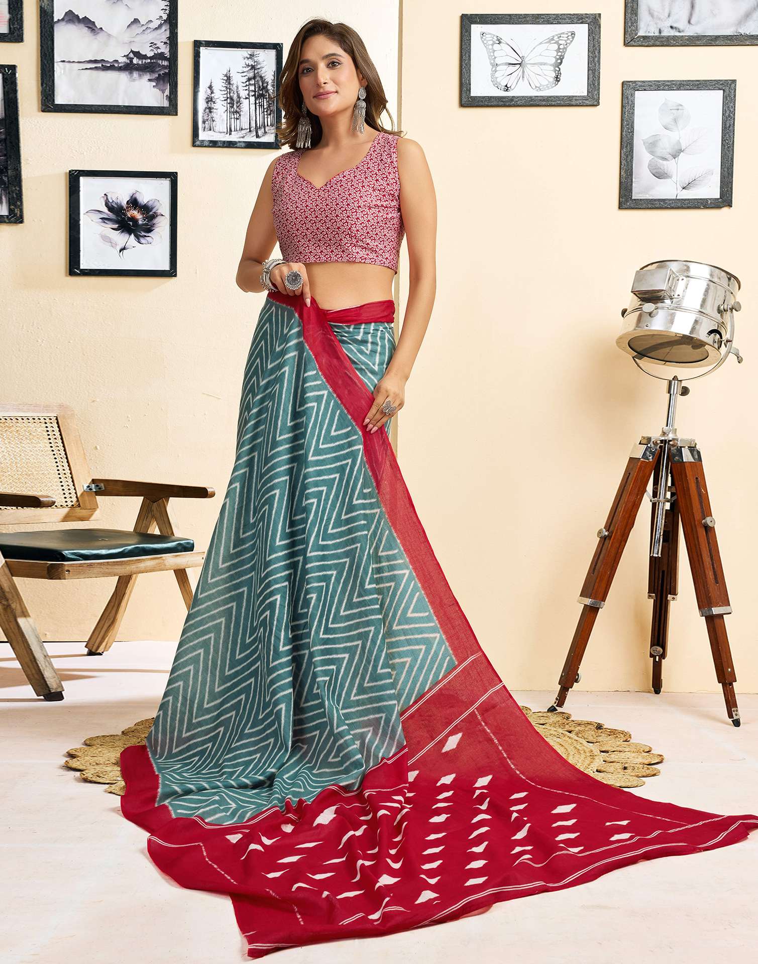 Ready To Wear Green Cotton Printed Saree
