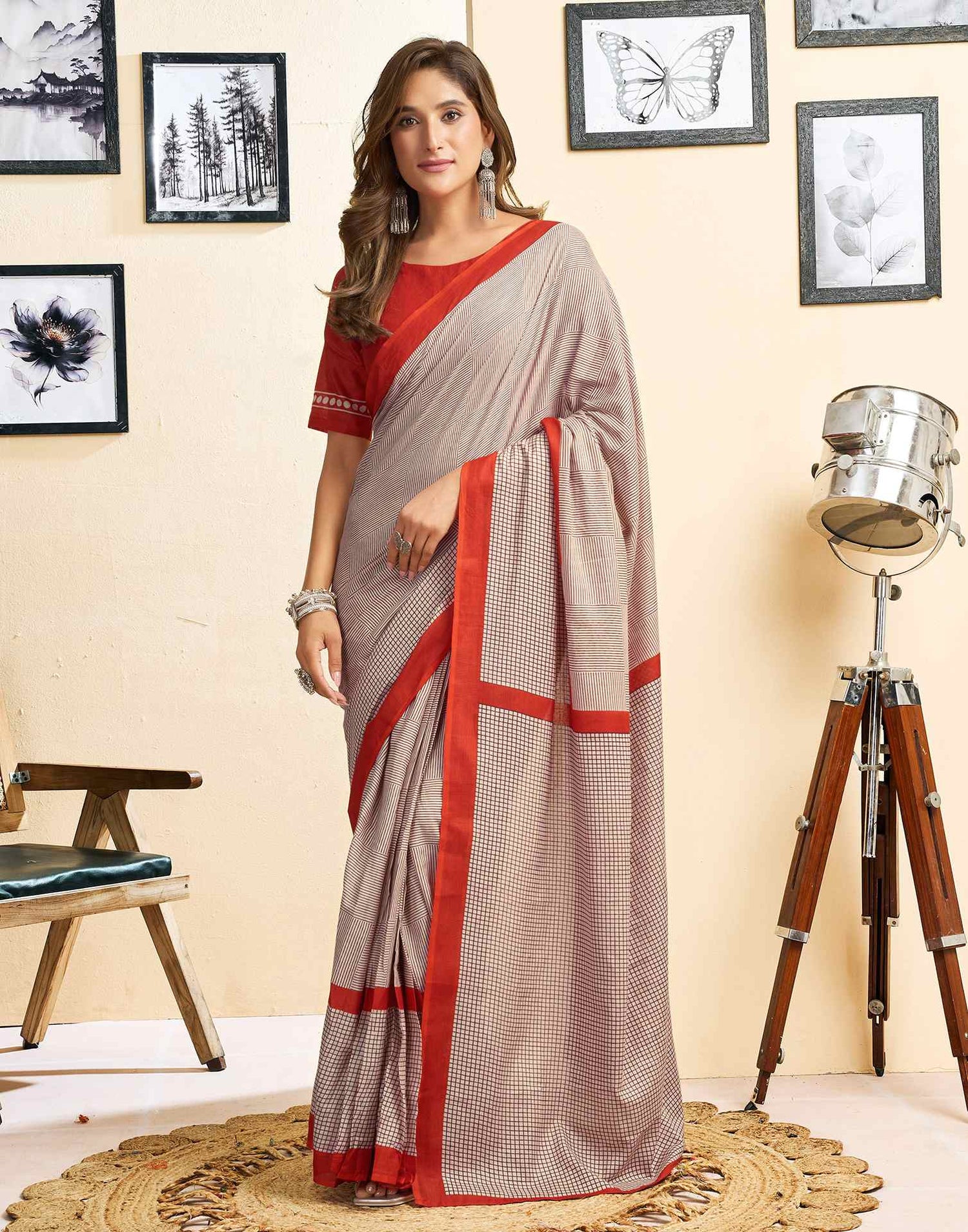 Ready To Wear Beige Cotton Printed Saree With Pocket