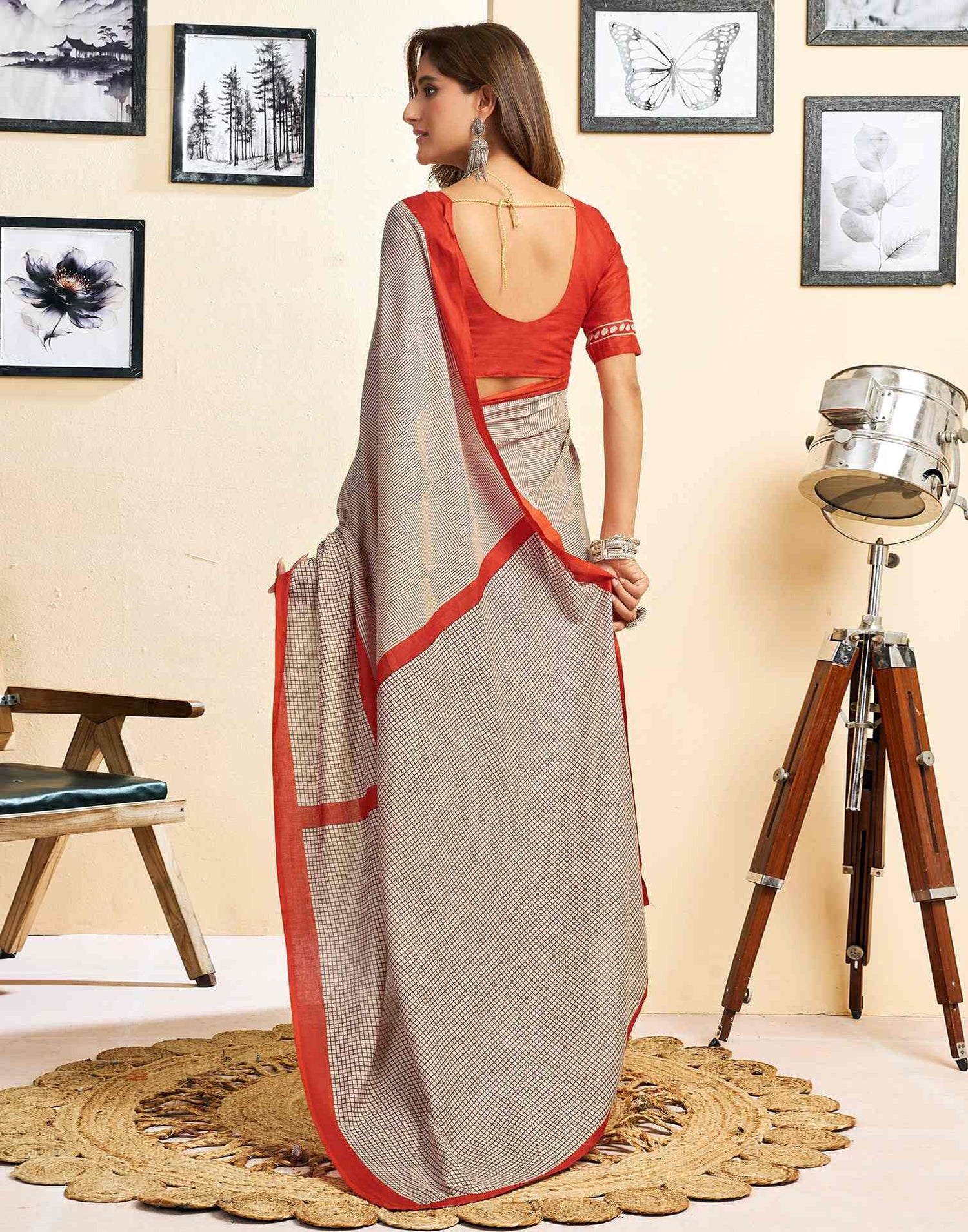 Ready To Wear Beige Cotton Printed Saree With Pocket