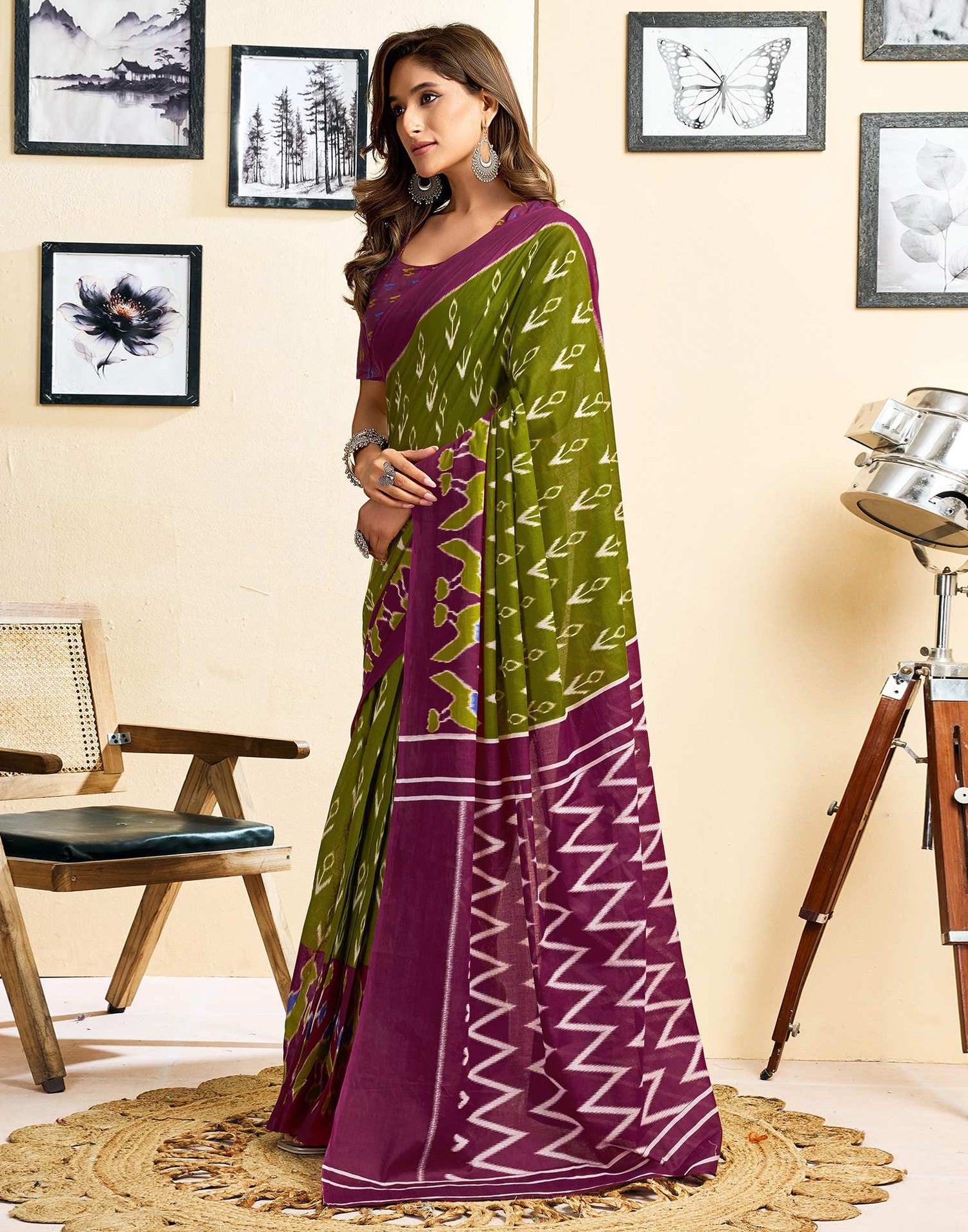 Ready To Wear Green Cotton Ikkat Printed Saree