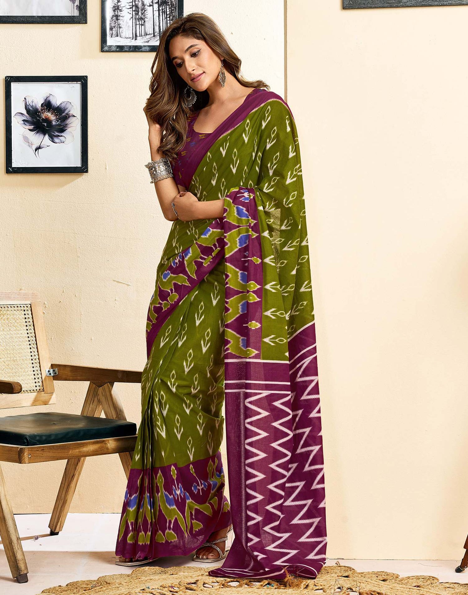 Ready To Wear Green Cotton Ikkat Printed Saree