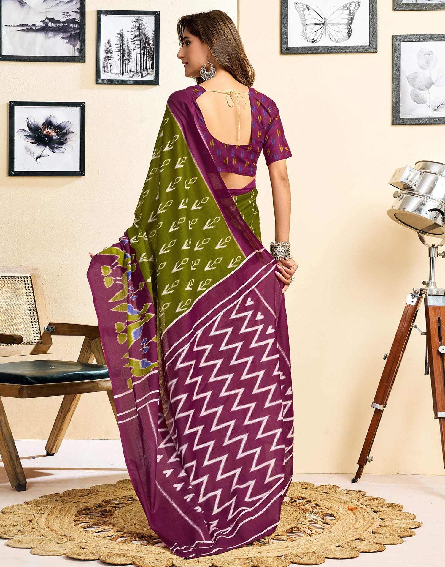 Ready To Wear Green Cotton Ikkat Printed Saree