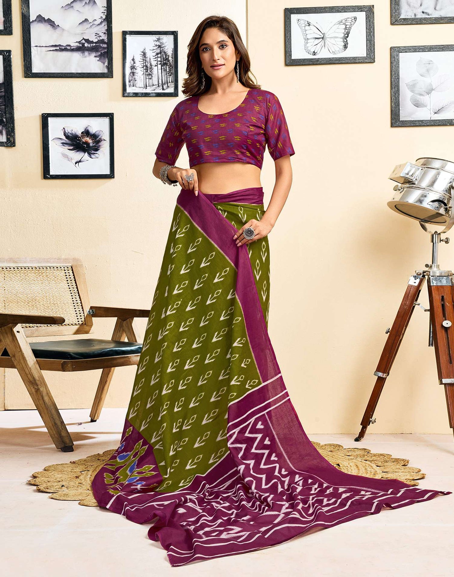 Ready To Wear Green Cotton Ikkat Printed Saree