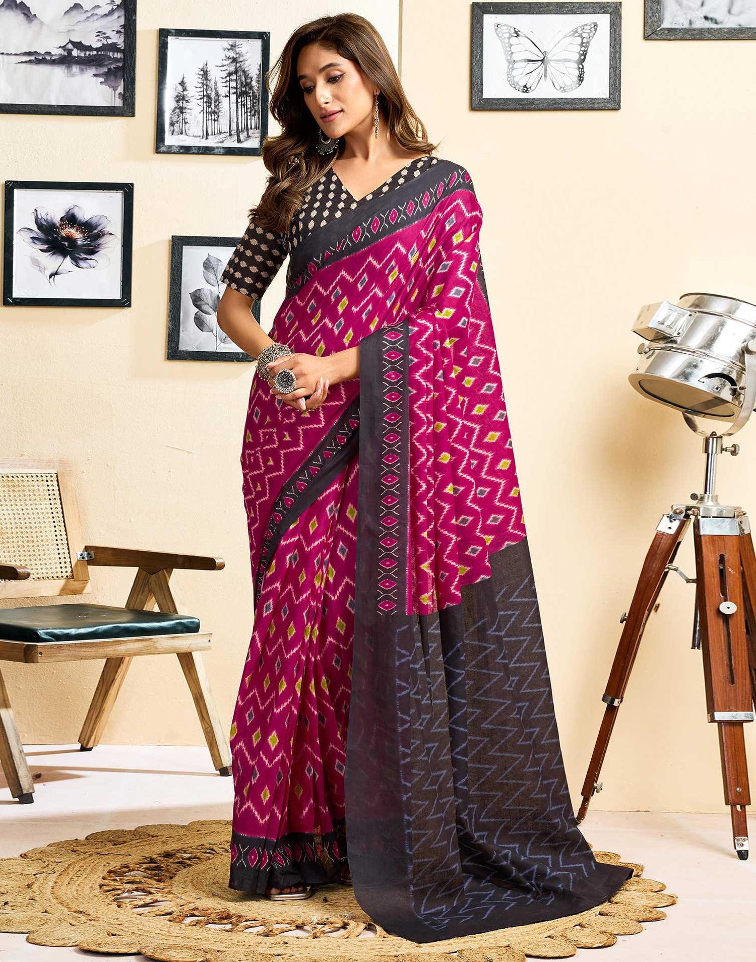 Ready To Wear Magenta Cotton Ikkat Printed Saree