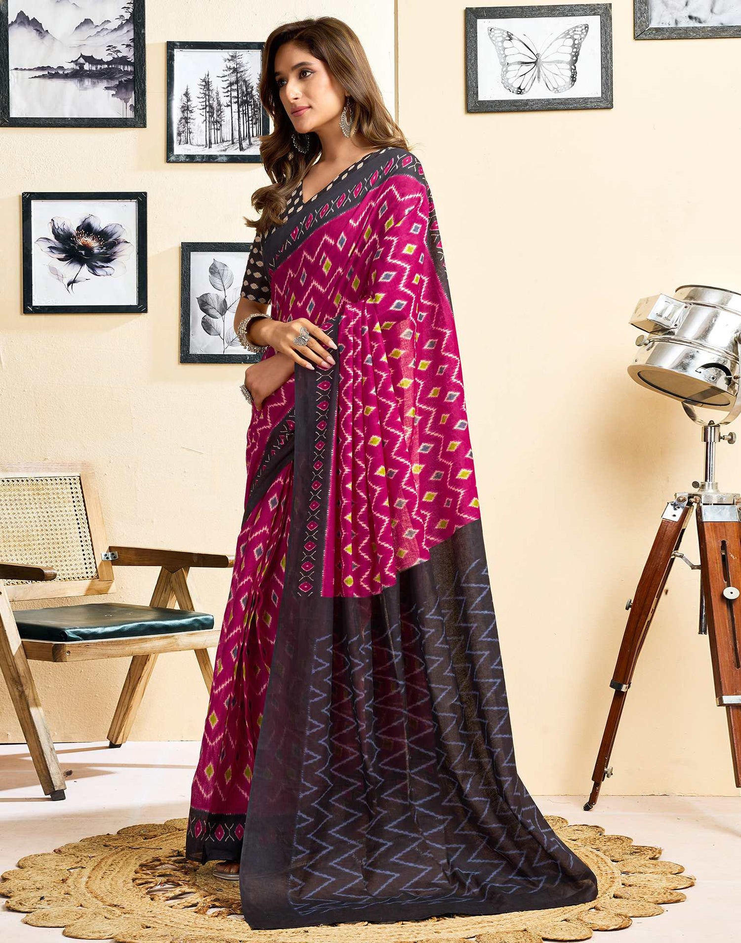 Ready To Wear Magenta Cotton Ikkat Printed Saree