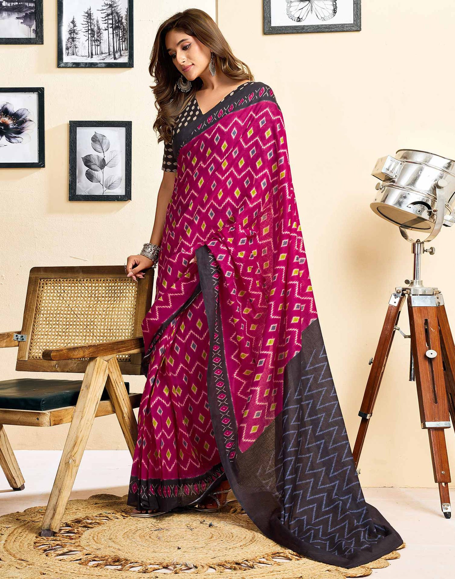 Ready To Wear Magenta Cotton Ikkat Printed Saree