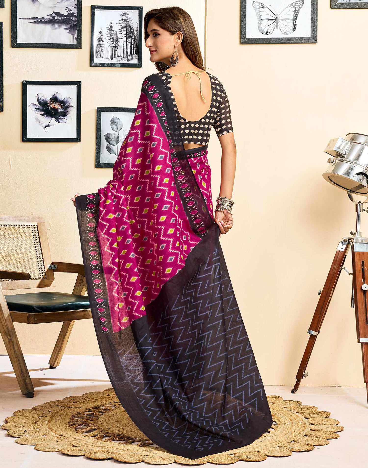 Ready To Wear Magenta Cotton Ikkat Printed Saree