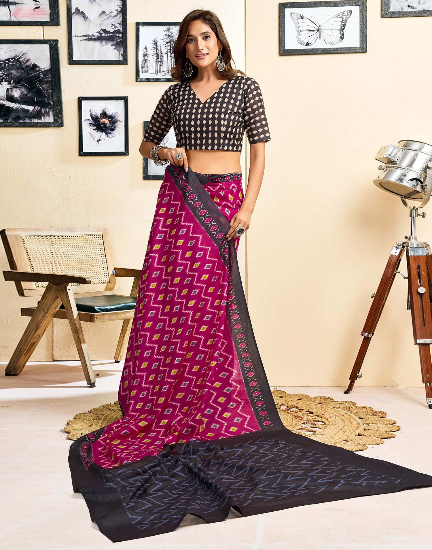 Ready To Wear Magenta Cotton Ikkat Printed Saree