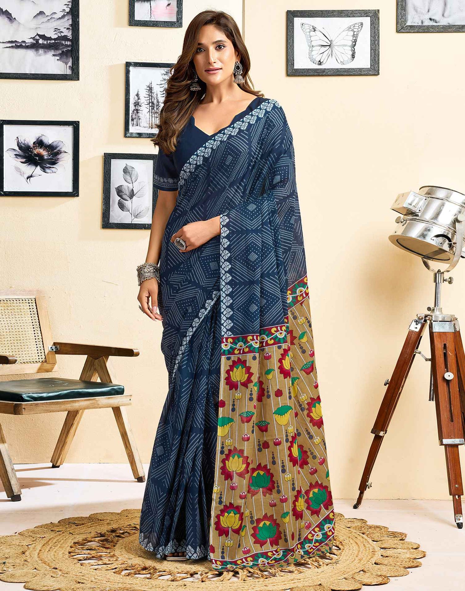Ready To Wear Blue Cotton Printed Saree With Pocket