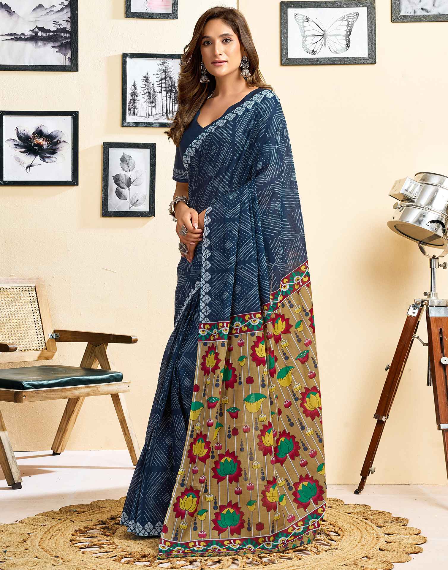 Ready To Wear Blue Cotton Printed Saree With Pocket