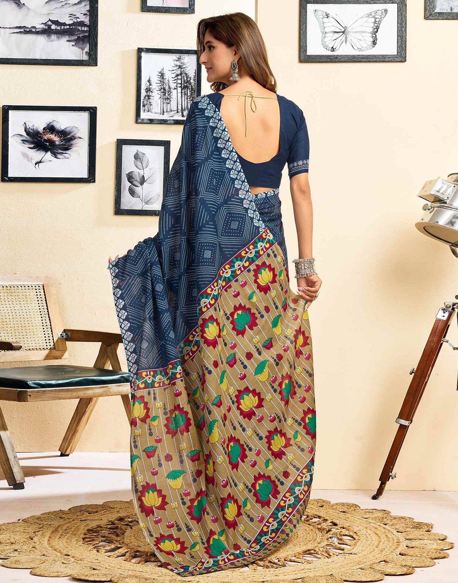 Ready To Wear Blue Cotton Printed Saree With Pocket
