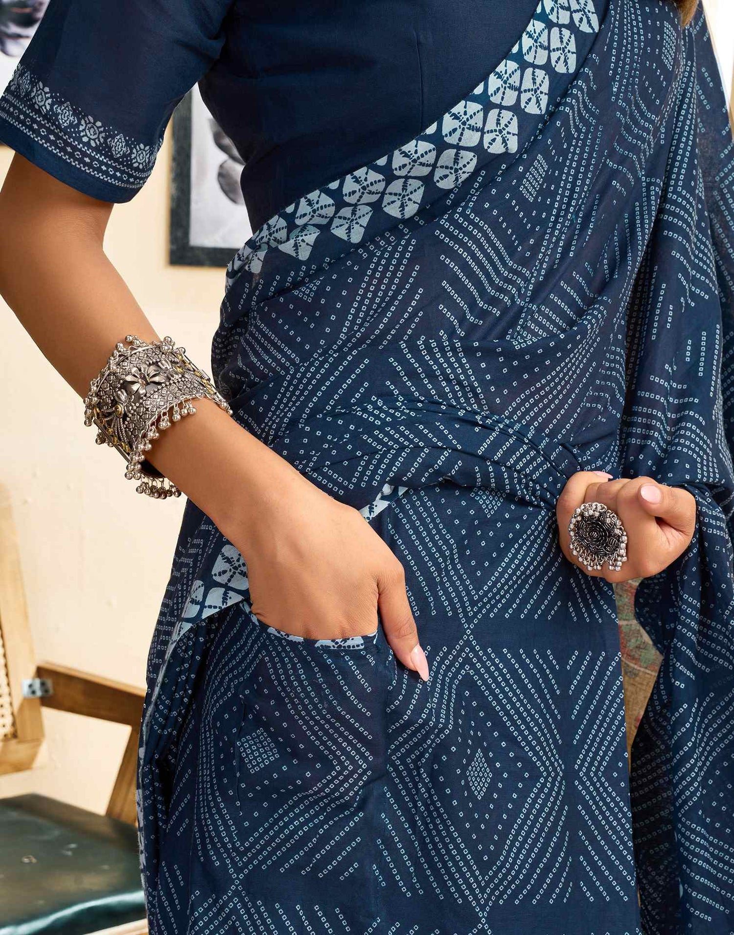 Ready To Wear Blue Cotton Printed Saree With Pocket