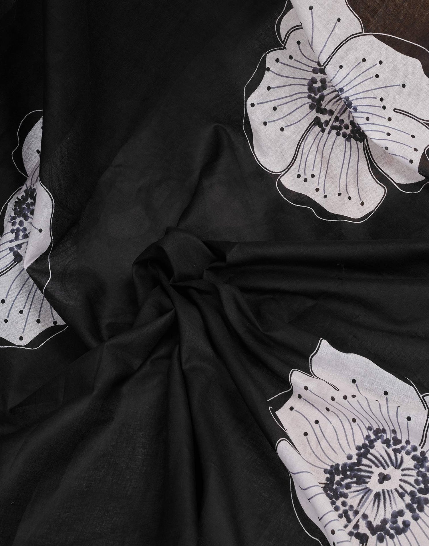 Ready To Wear Black Cotton Floral Printed Saree With Pocket