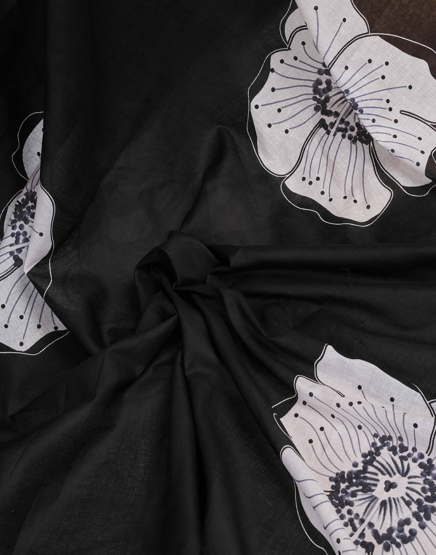 Ready To Wear Black Cotton Floral Printed Saree With Pocket