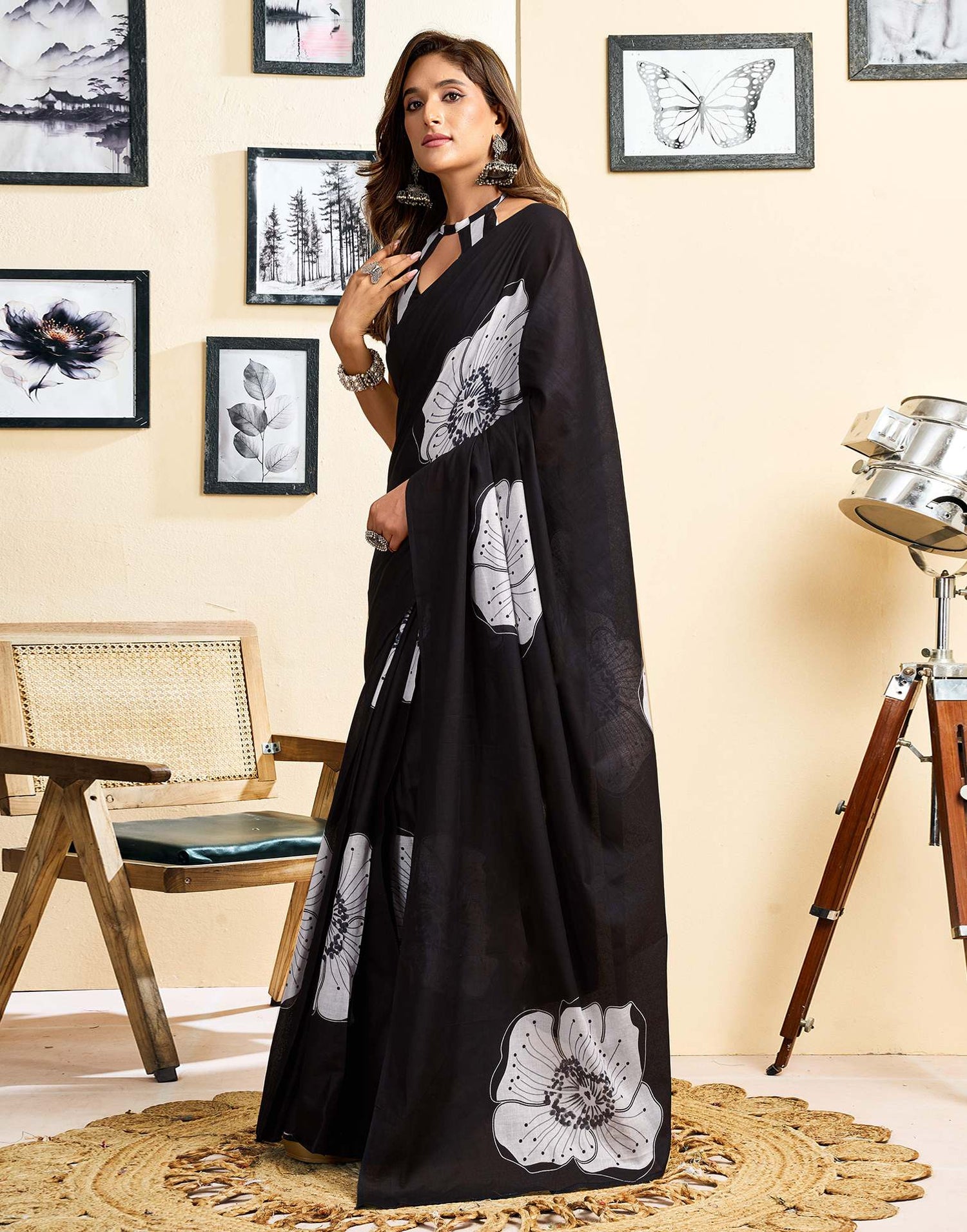 Ready To Wear Black Cotton Floral Printed Saree With Pocket