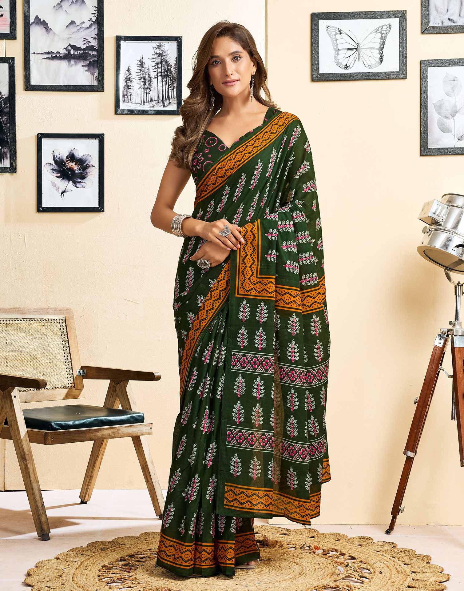 Ready To Wear Green Cotton Printed Saree