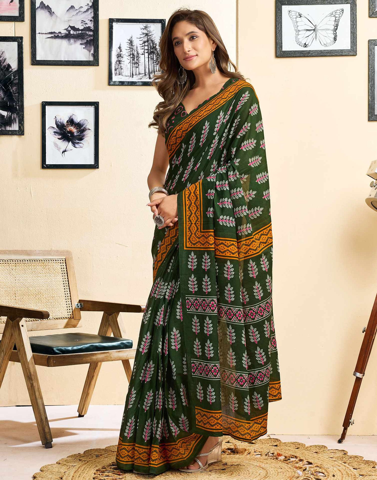 Ready To Wear Green Cotton Printed Saree
