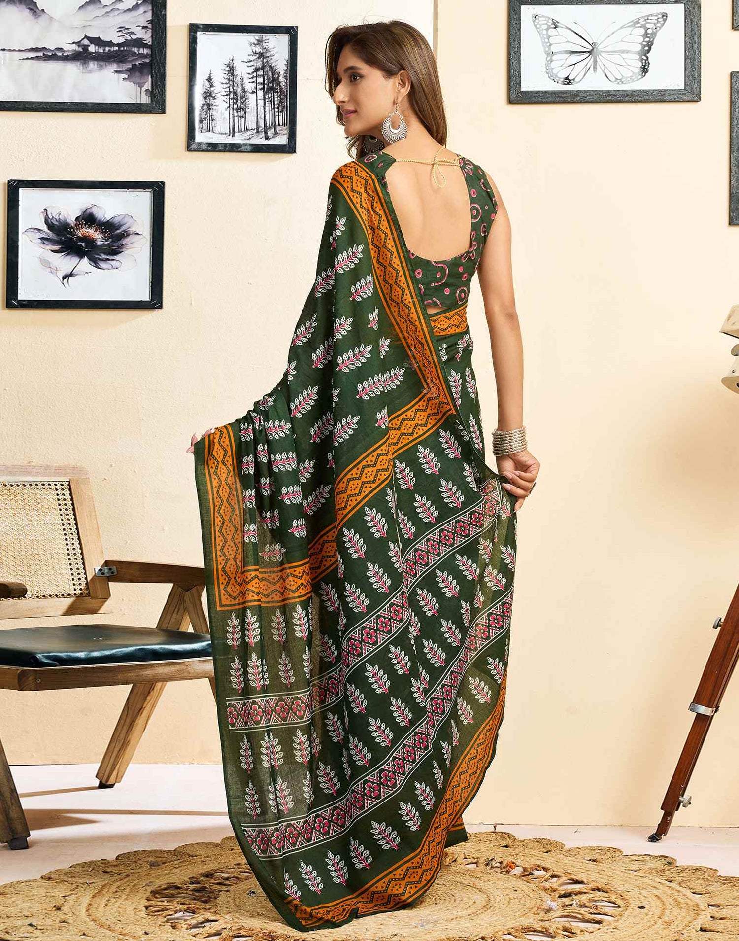 Ready To Wear Green Cotton Printed Saree