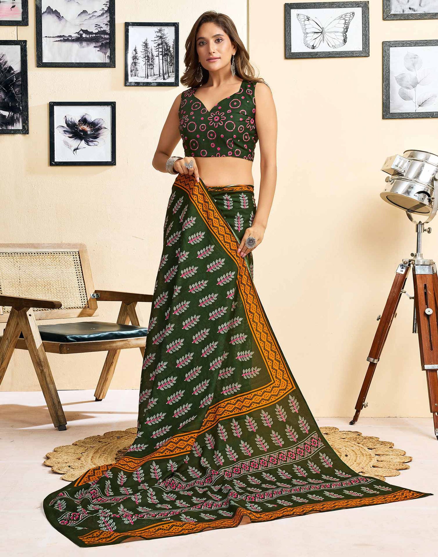 Ready To Wear Green Cotton Printed Saree