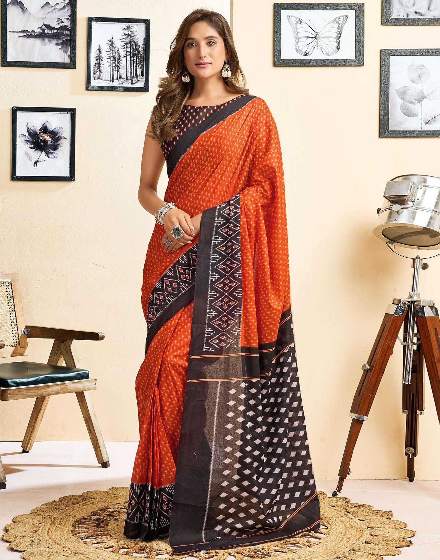 Ready To Wear Orange Cotton Printed Saree