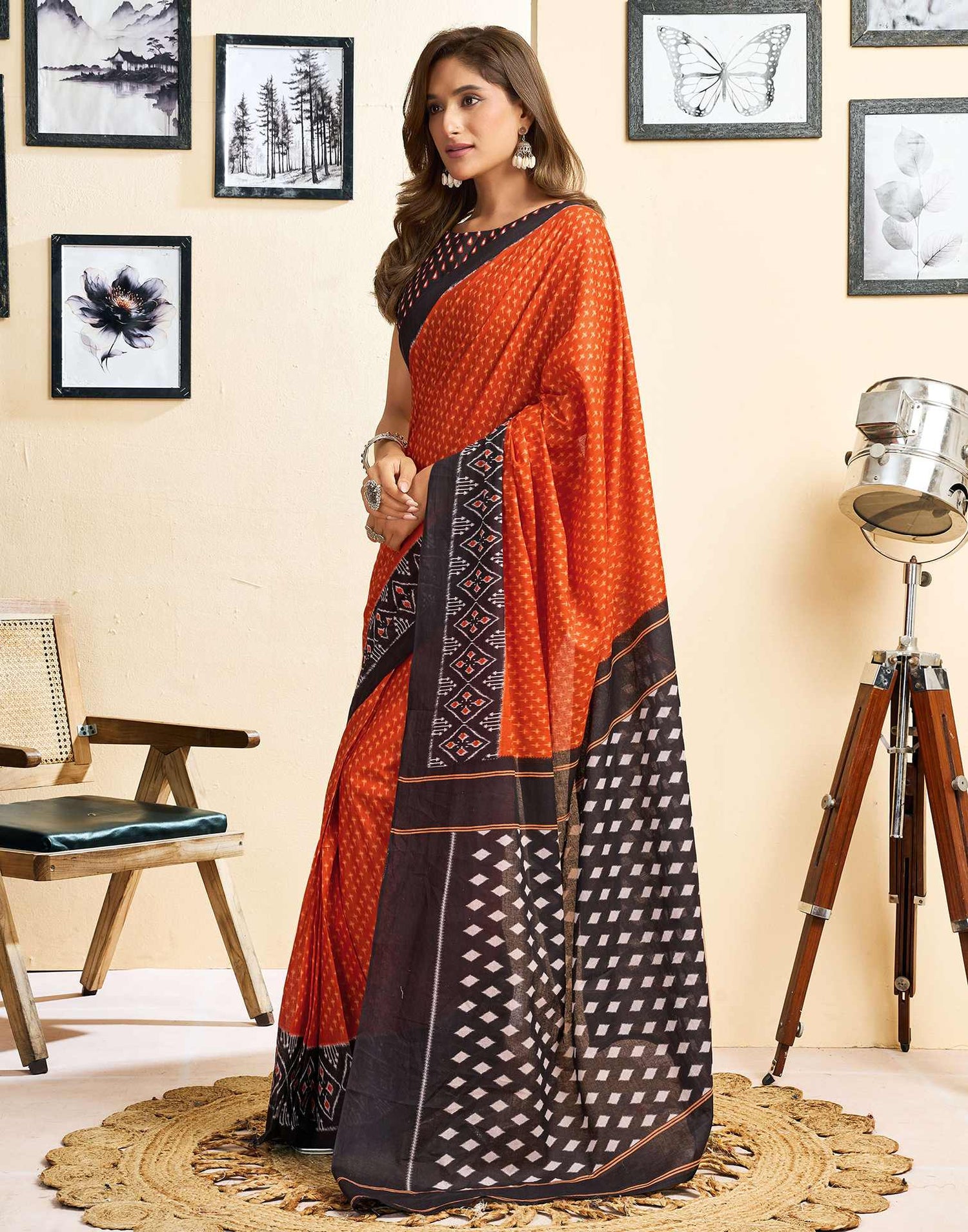Ready To Wear Orange Cotton Printed Saree