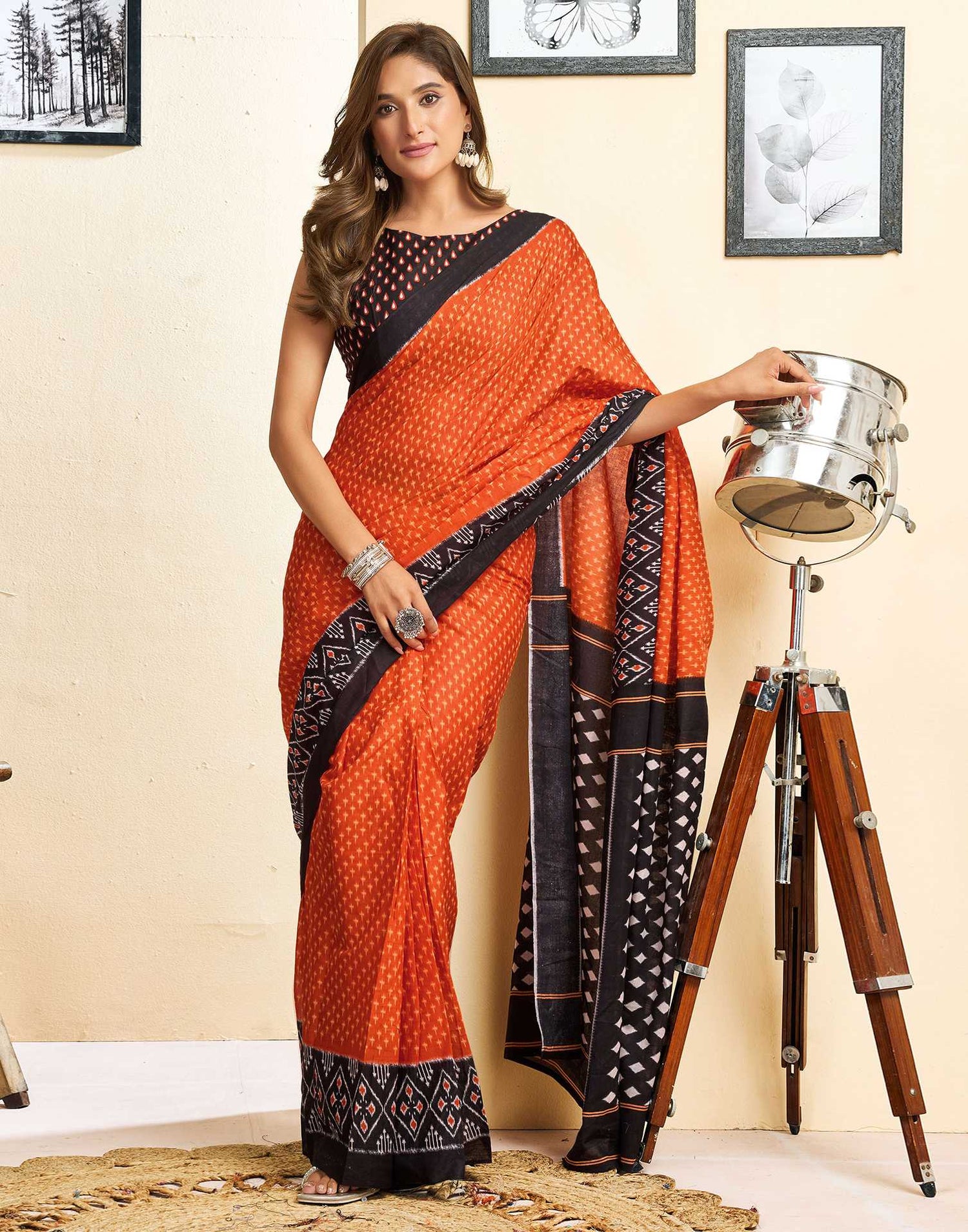 Ready To Wear Orange Cotton Printed Saree