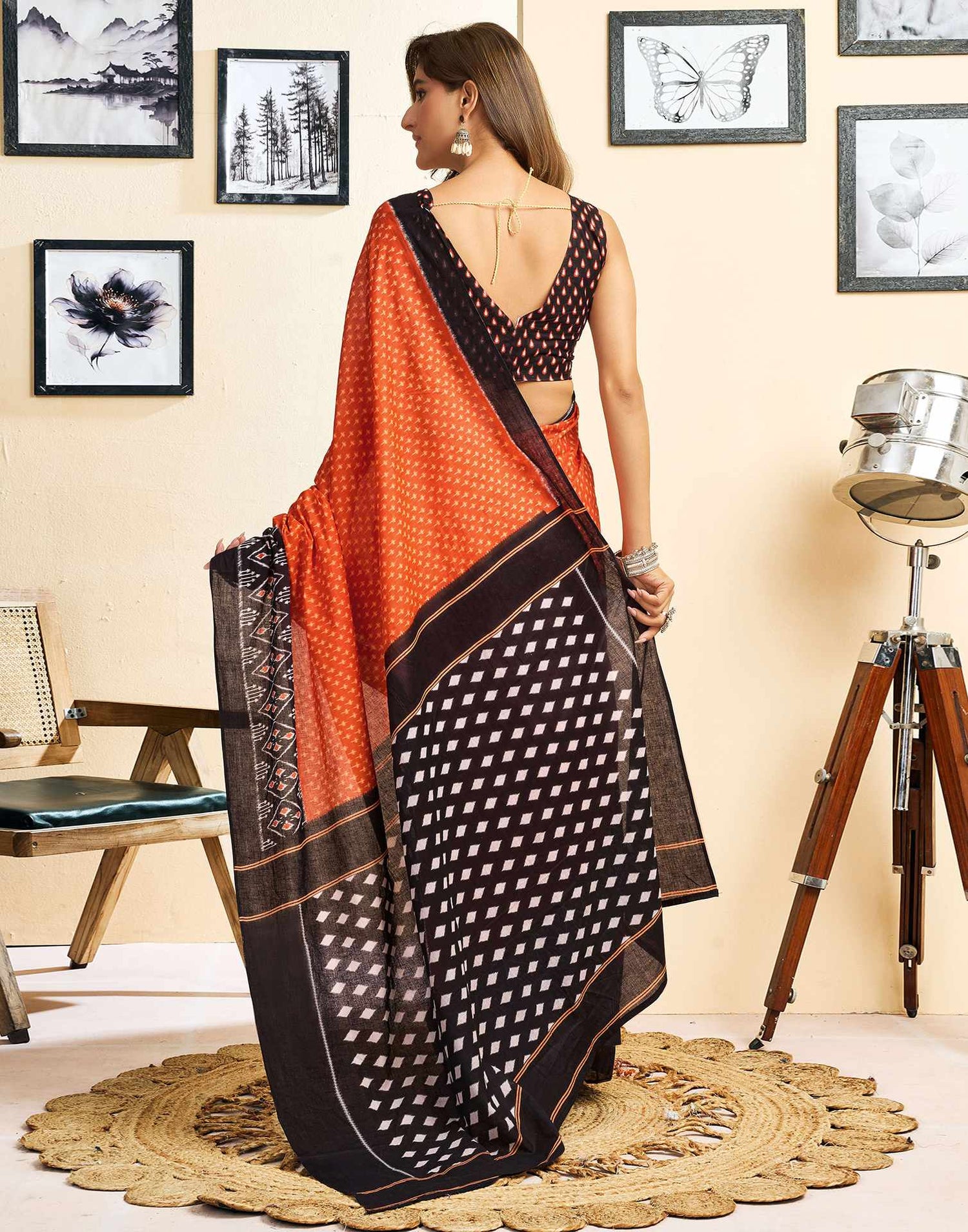 Ready To Wear Orange Cotton Printed Saree