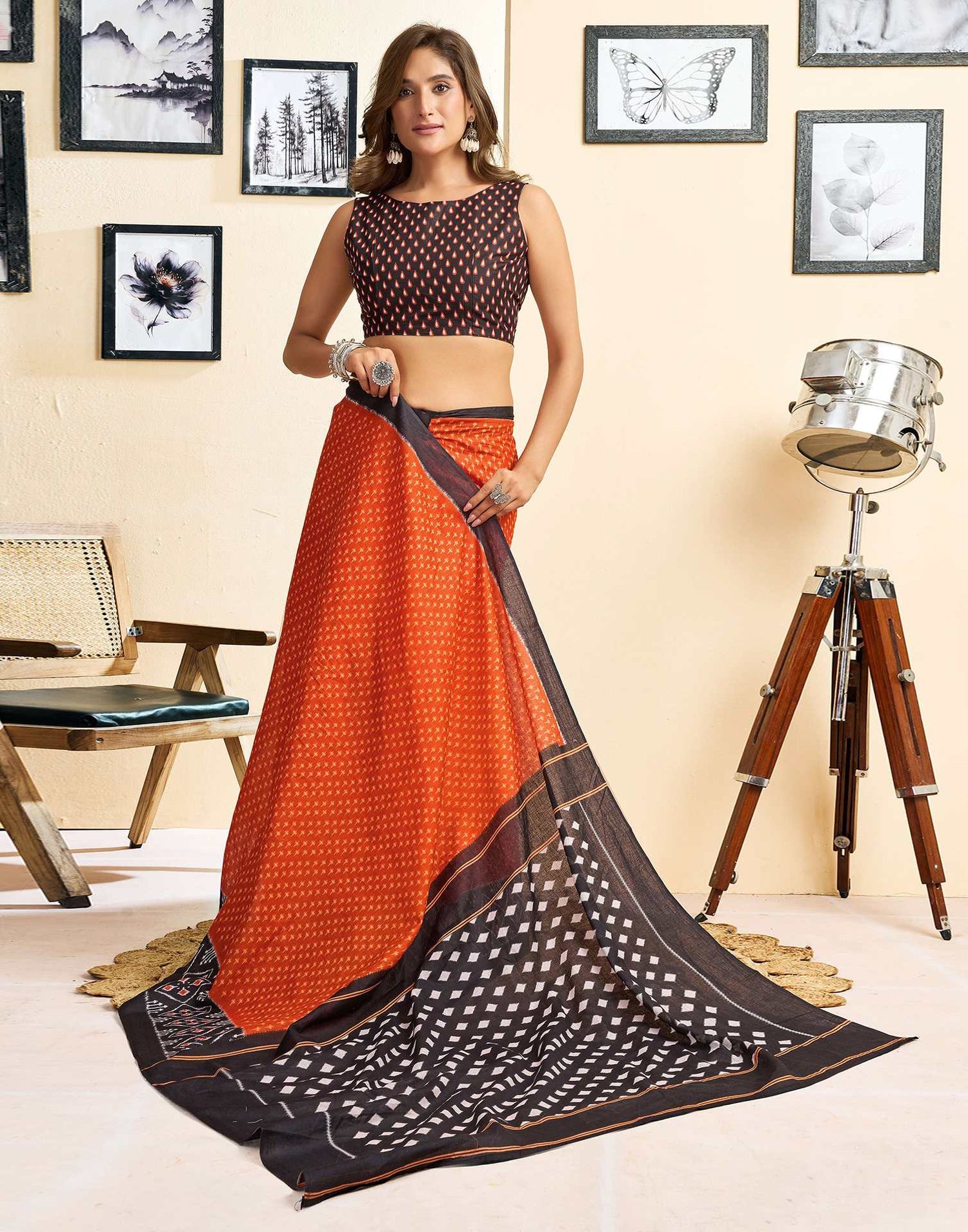 Ready To Wear Orange Cotton Printed Saree
