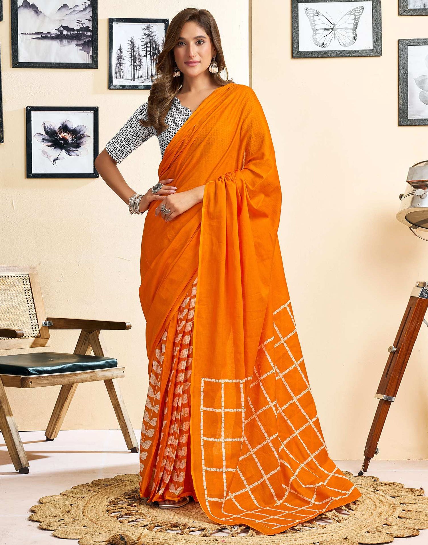 Ready To Wear Orange Cotton Printed Saree