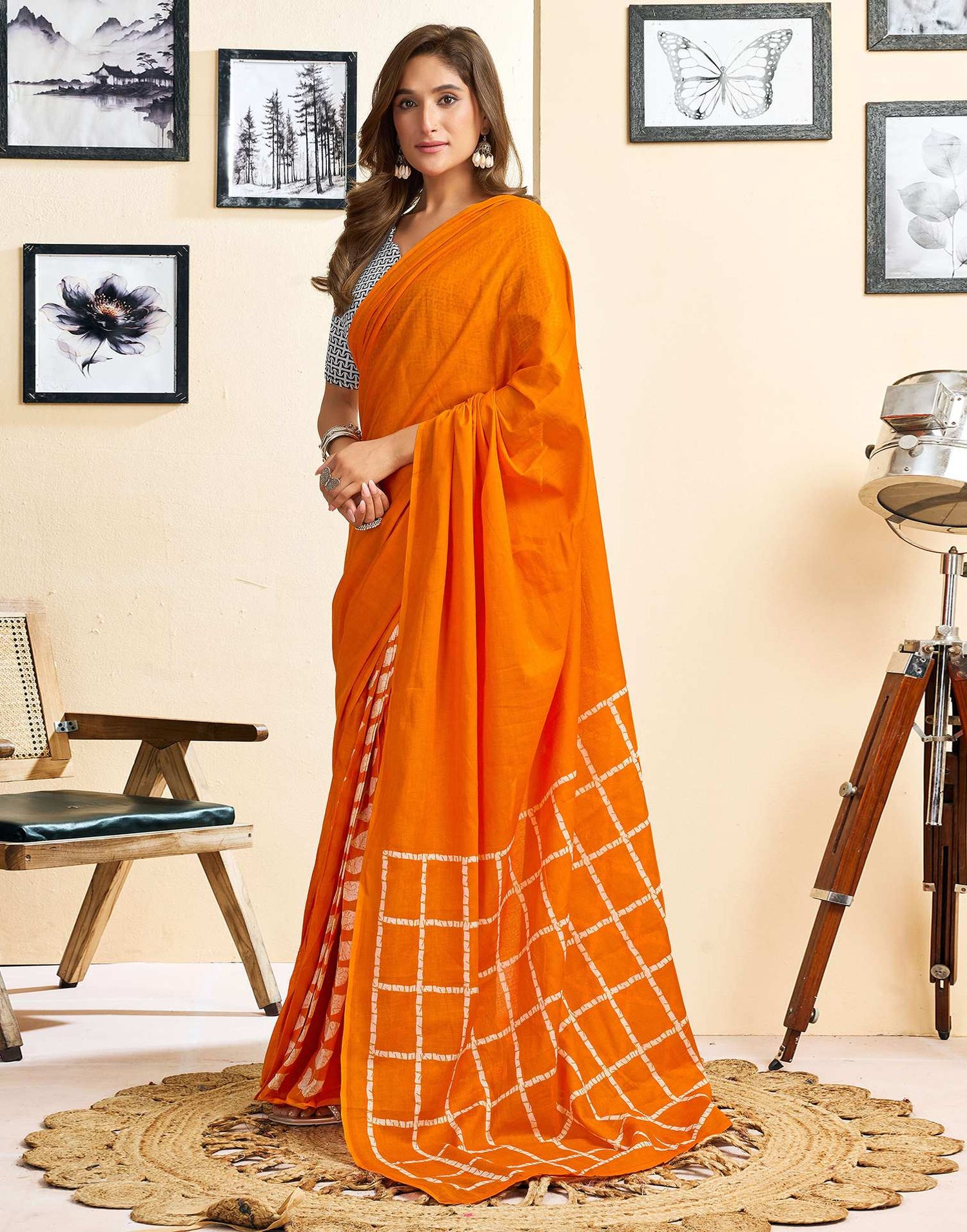 Ready To Wear Orange Cotton Printed Saree