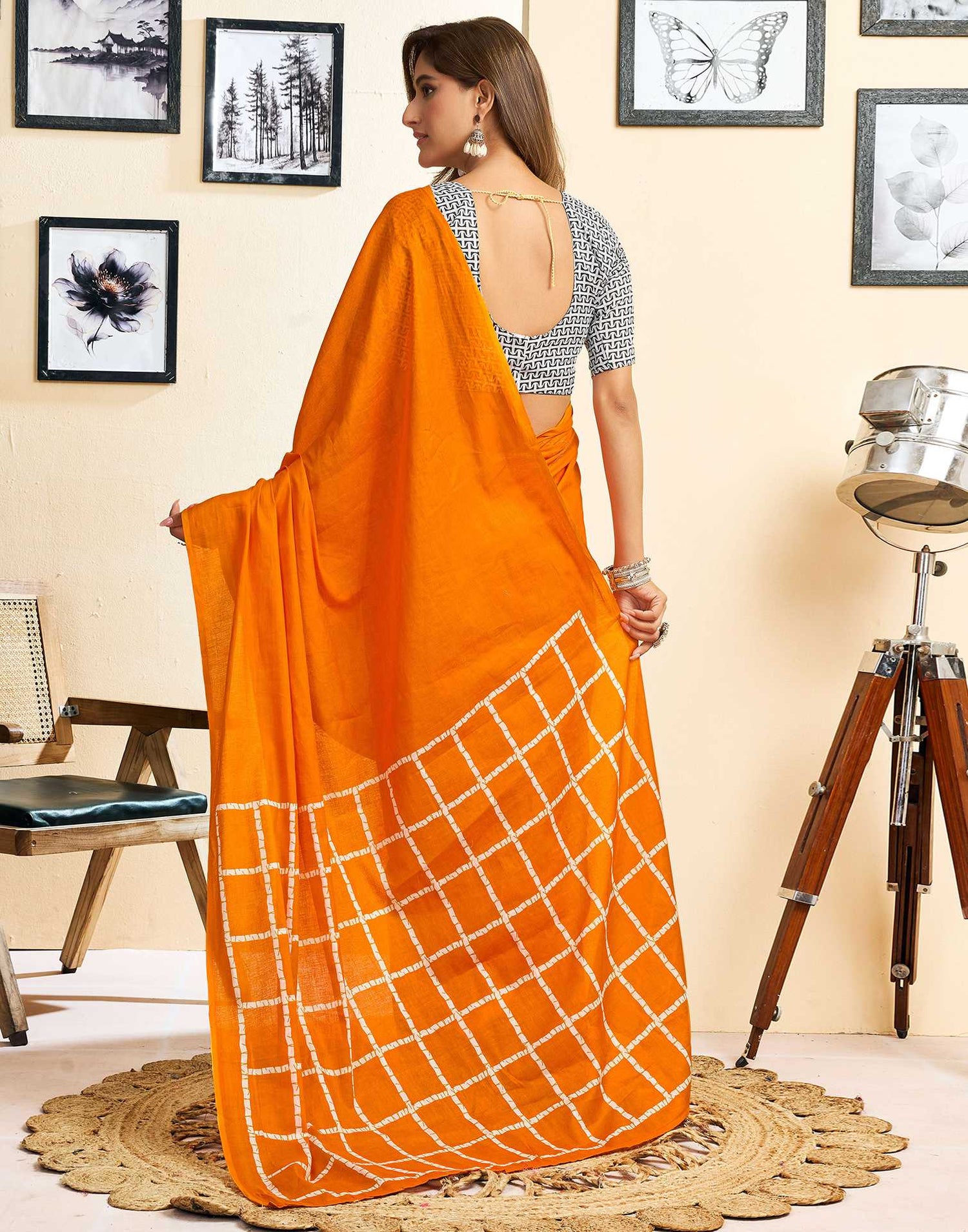 Ready To Wear Orange Cotton Printed Saree
