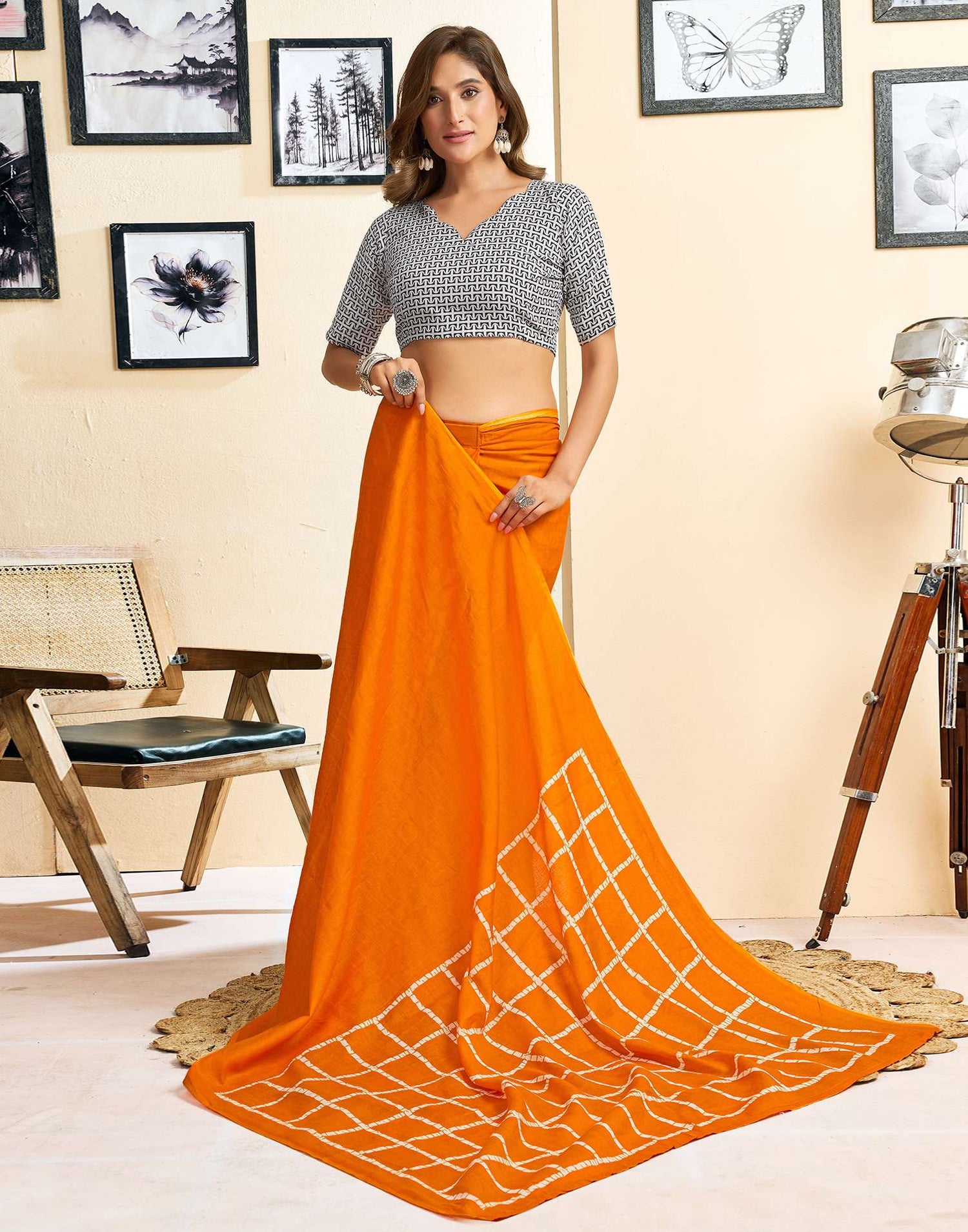 Ready To Wear Orange Cotton Printed Saree