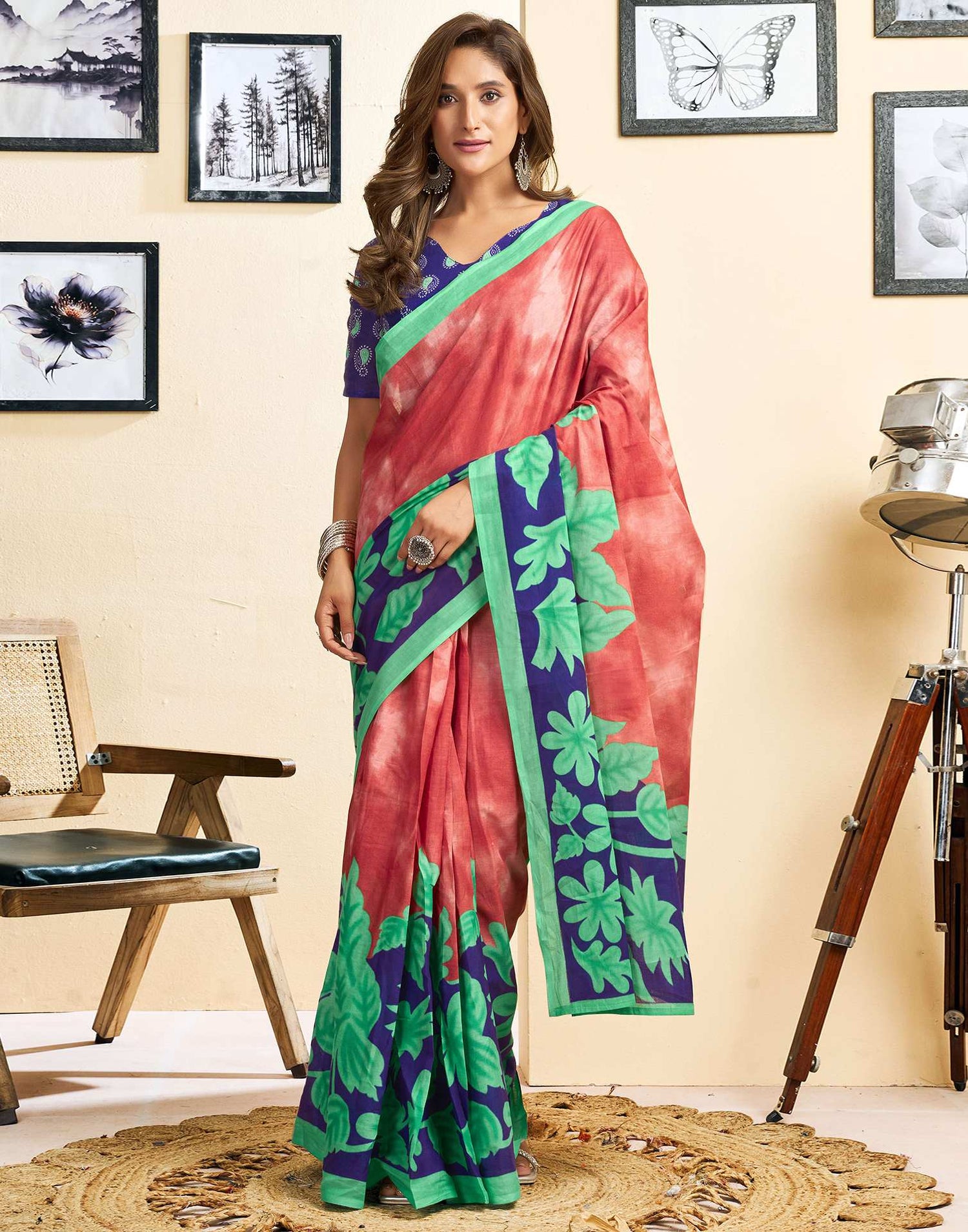 Ready To Wear Red Cotton Printed Saree With Pocket