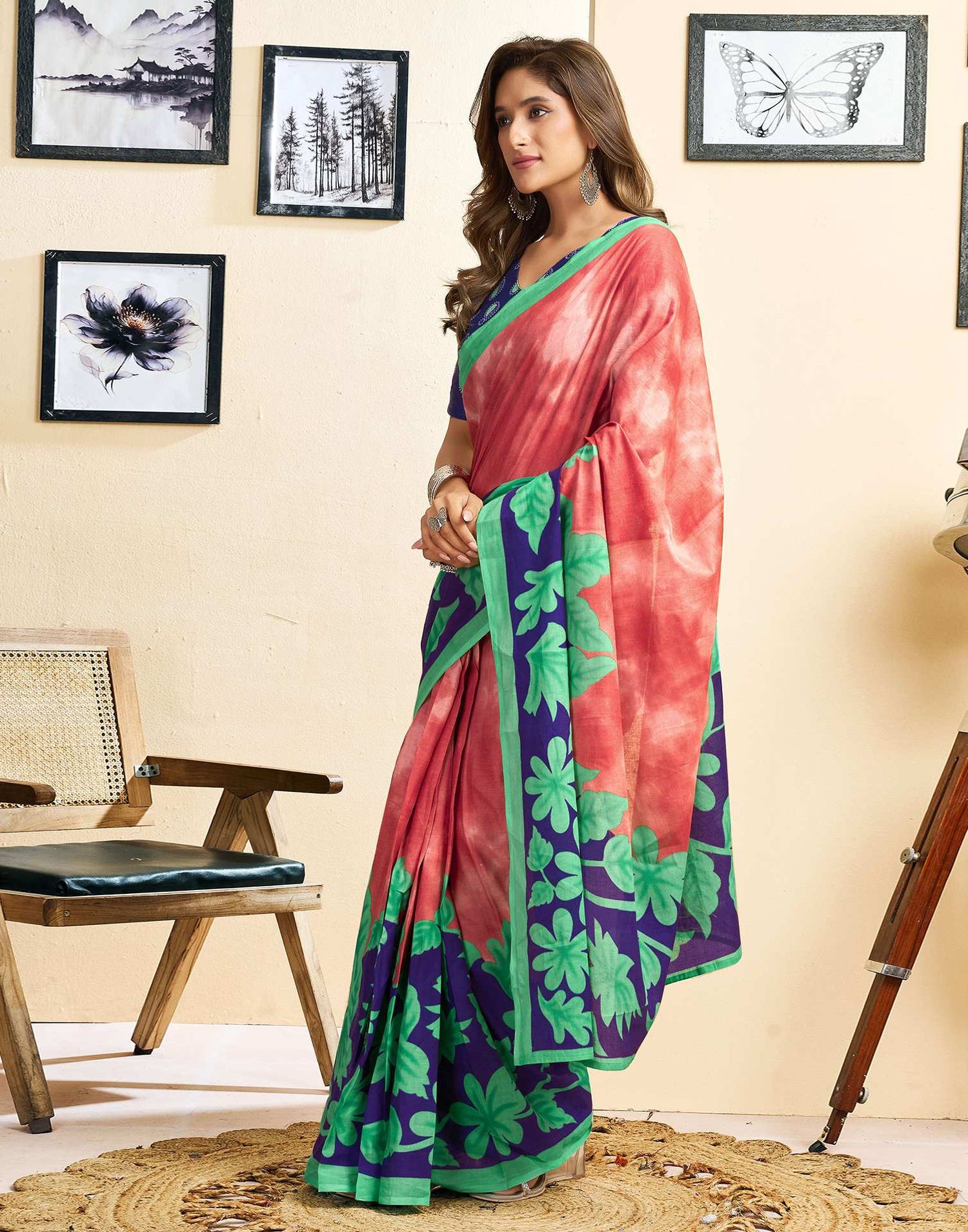 Ready To Wear Red Cotton Printed Saree With Pocket