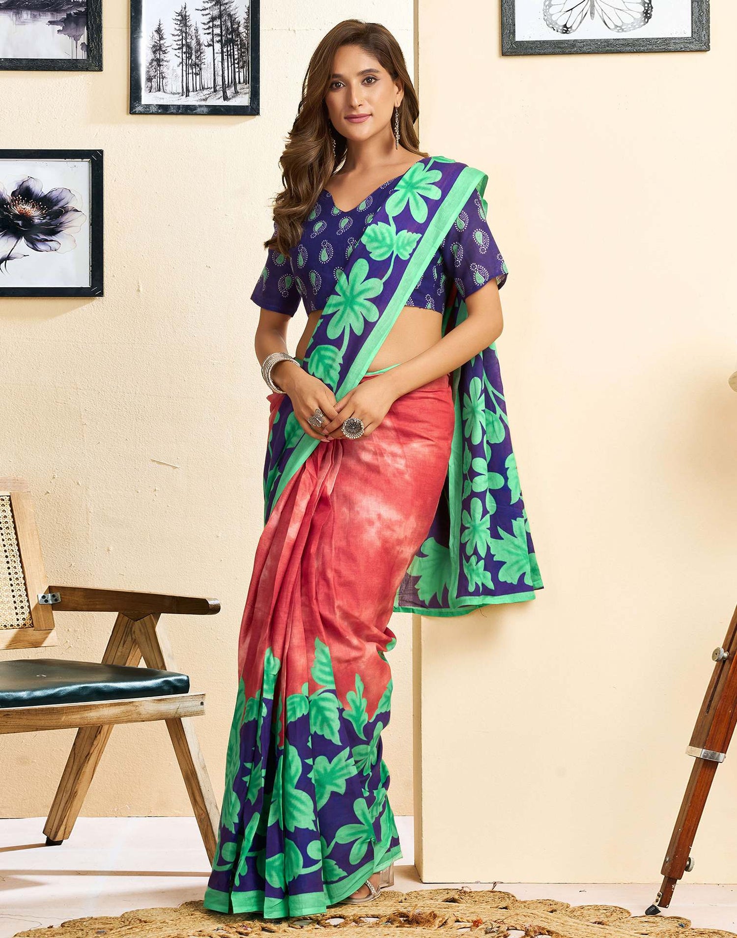 Ready To Wear Red Cotton Printed Saree With Pocket