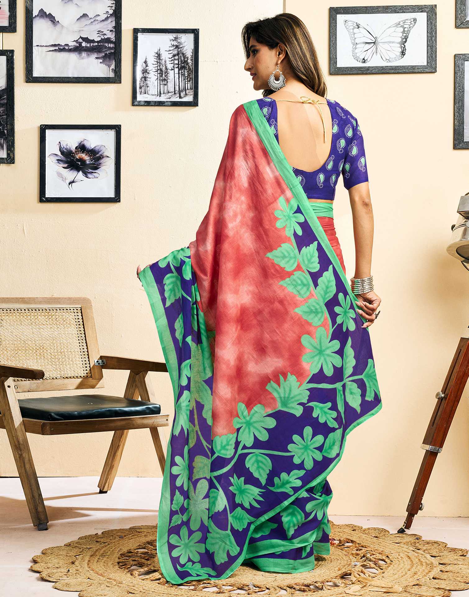 Ready To Wear Red Cotton Printed Saree With Pocket