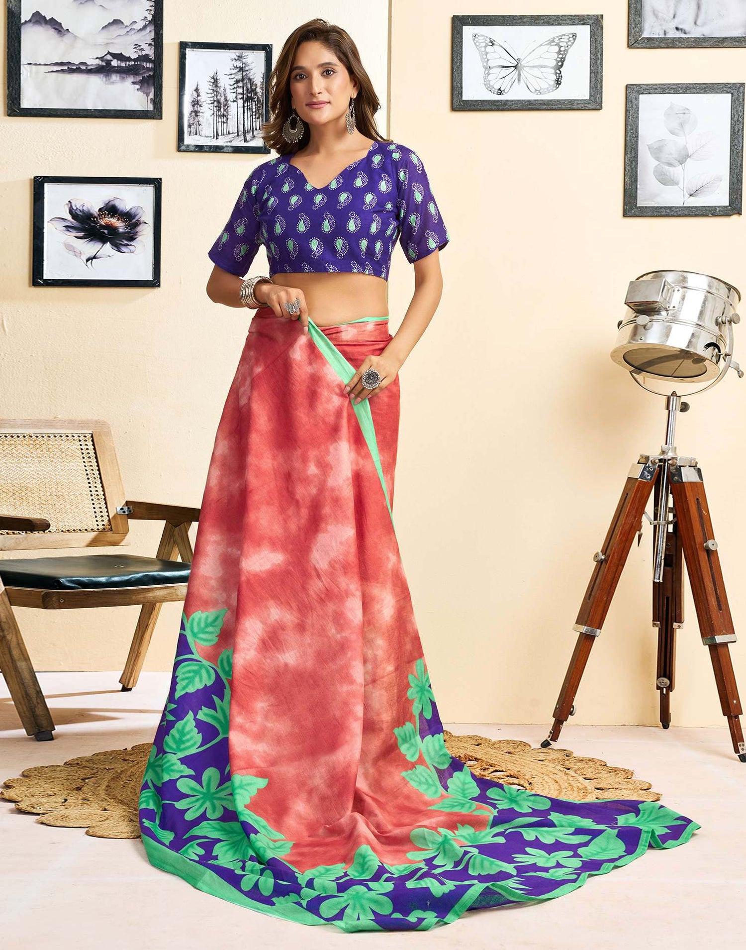 Ready To Wear Red Cotton Printed Saree With Pocket