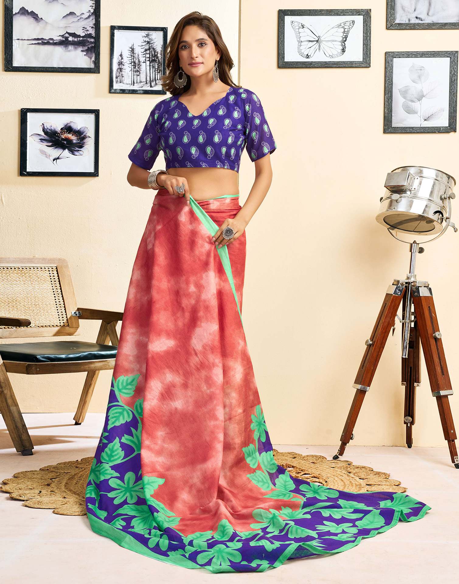 Ready To Wear Red Cotton Printed Saree With Pocket