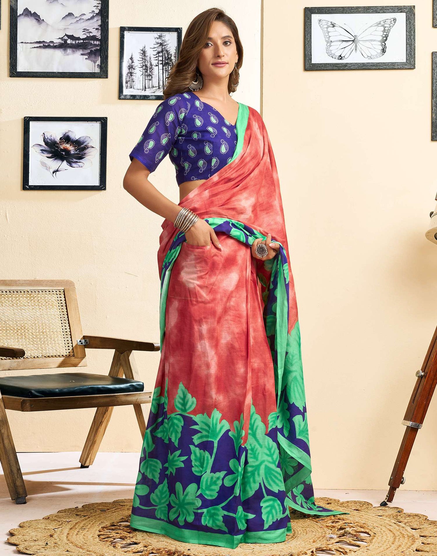Ready To Wear Red Cotton Printed Saree With Pocket