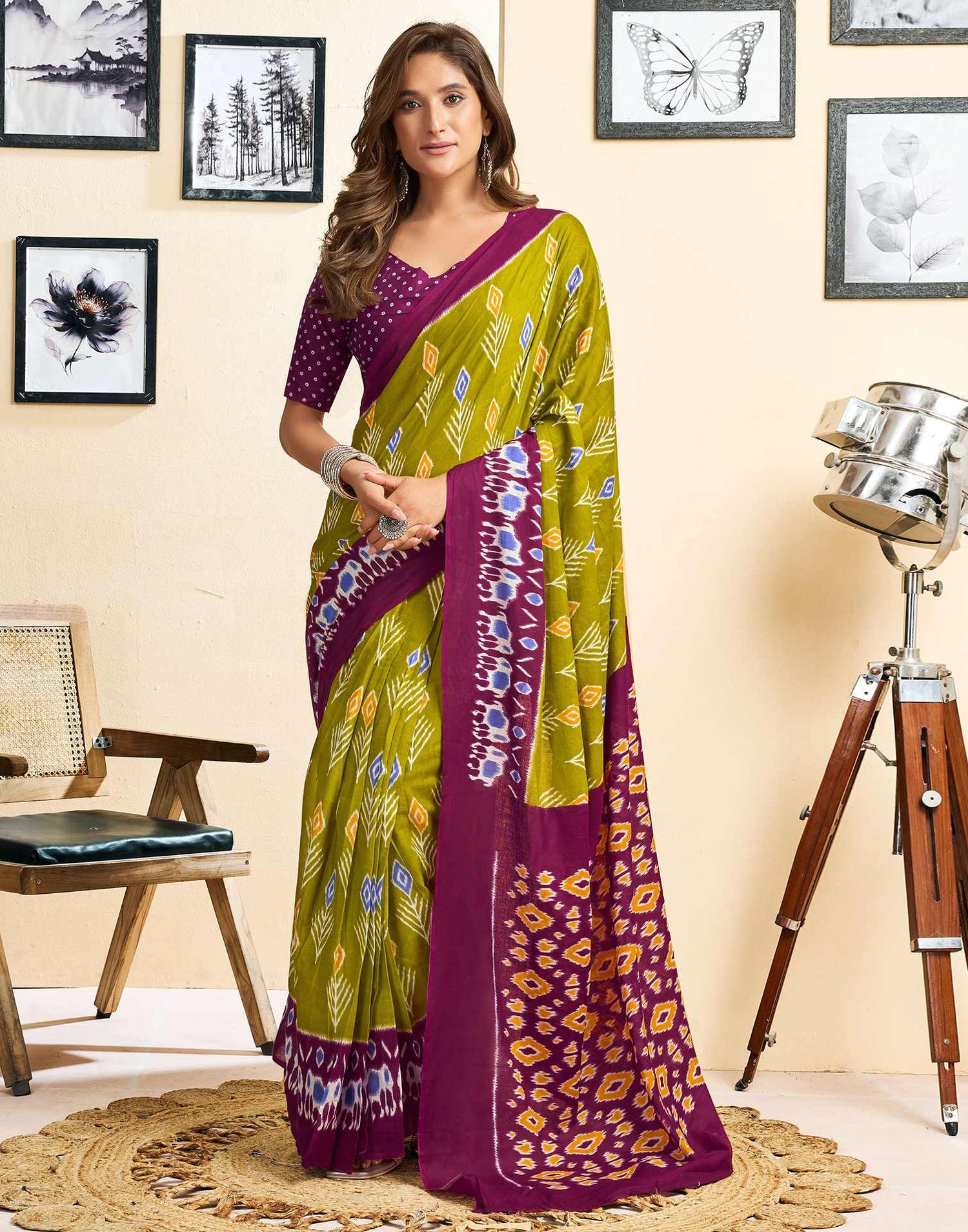Ready To Wear Green Cotton Printed Saree