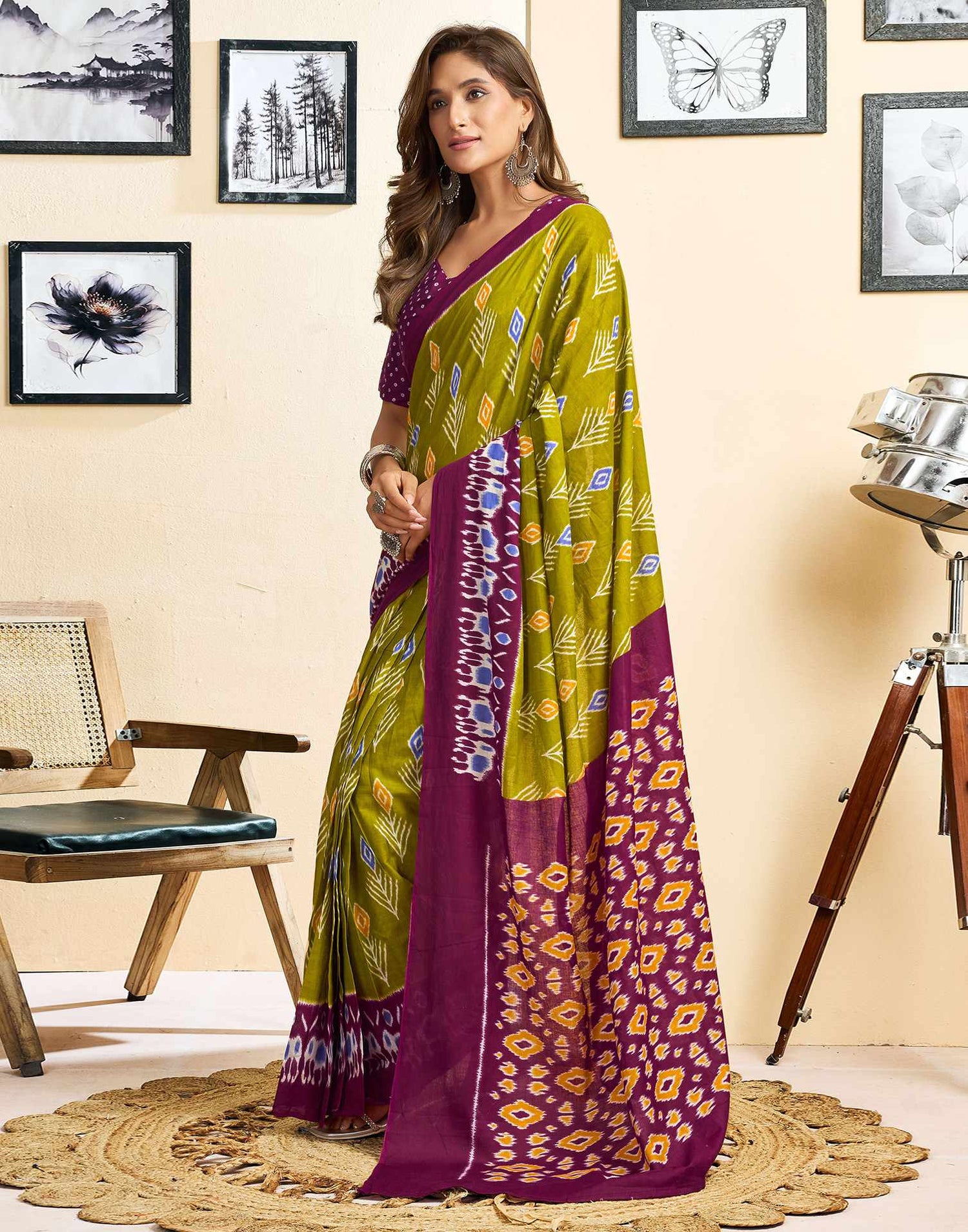 Ready To Wear Green Cotton Printed Saree