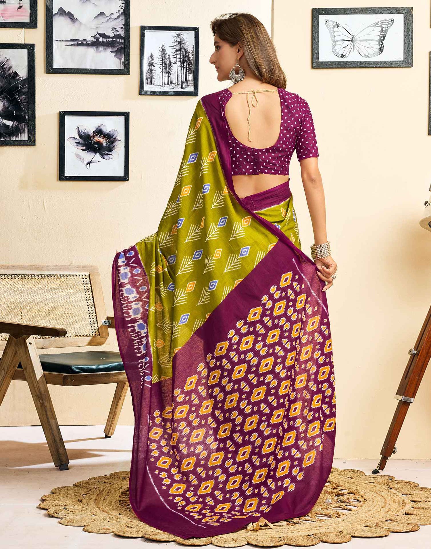 Ready To Wear Green Cotton Printed Saree