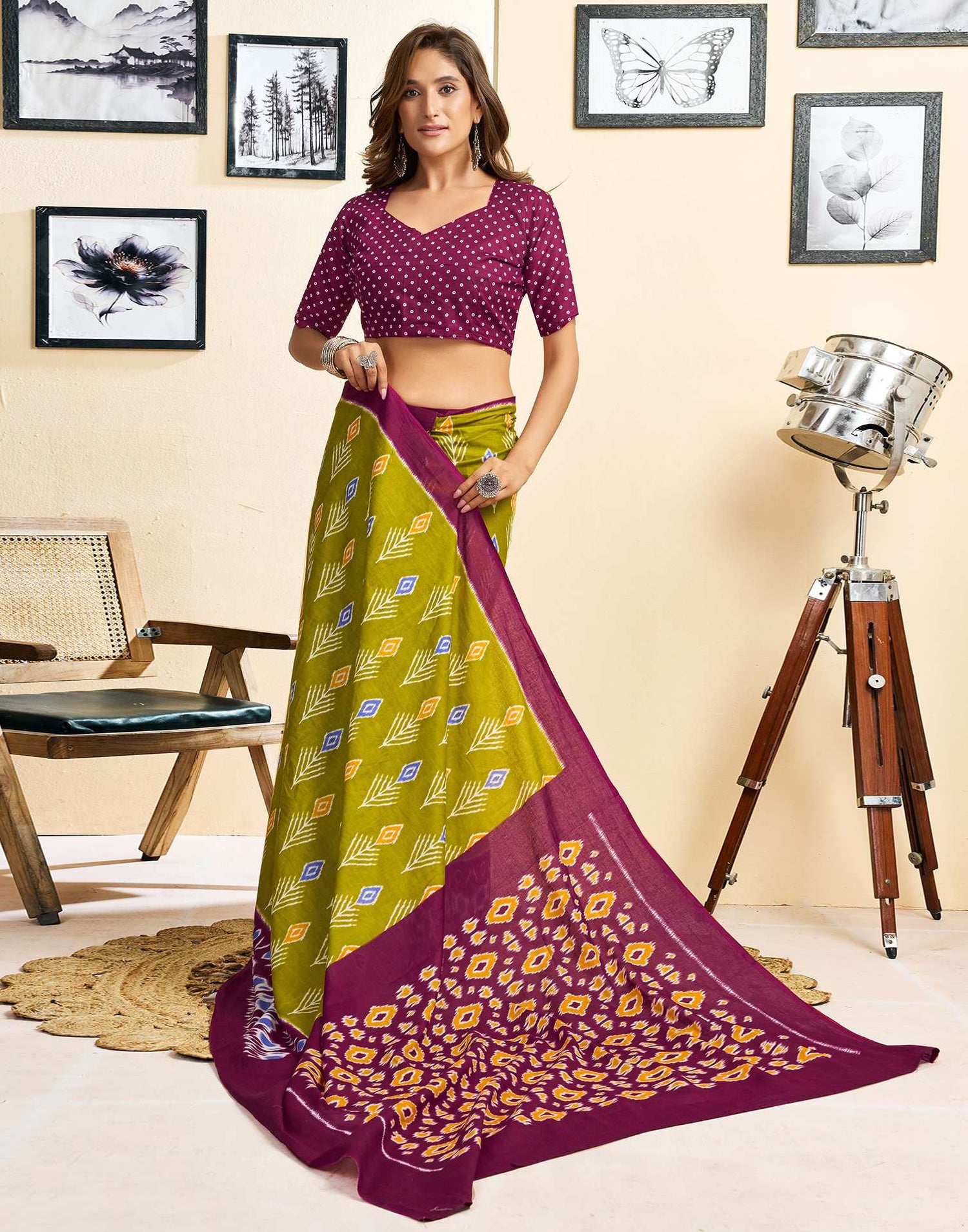 Ready To Wear Green Cotton Printed Saree