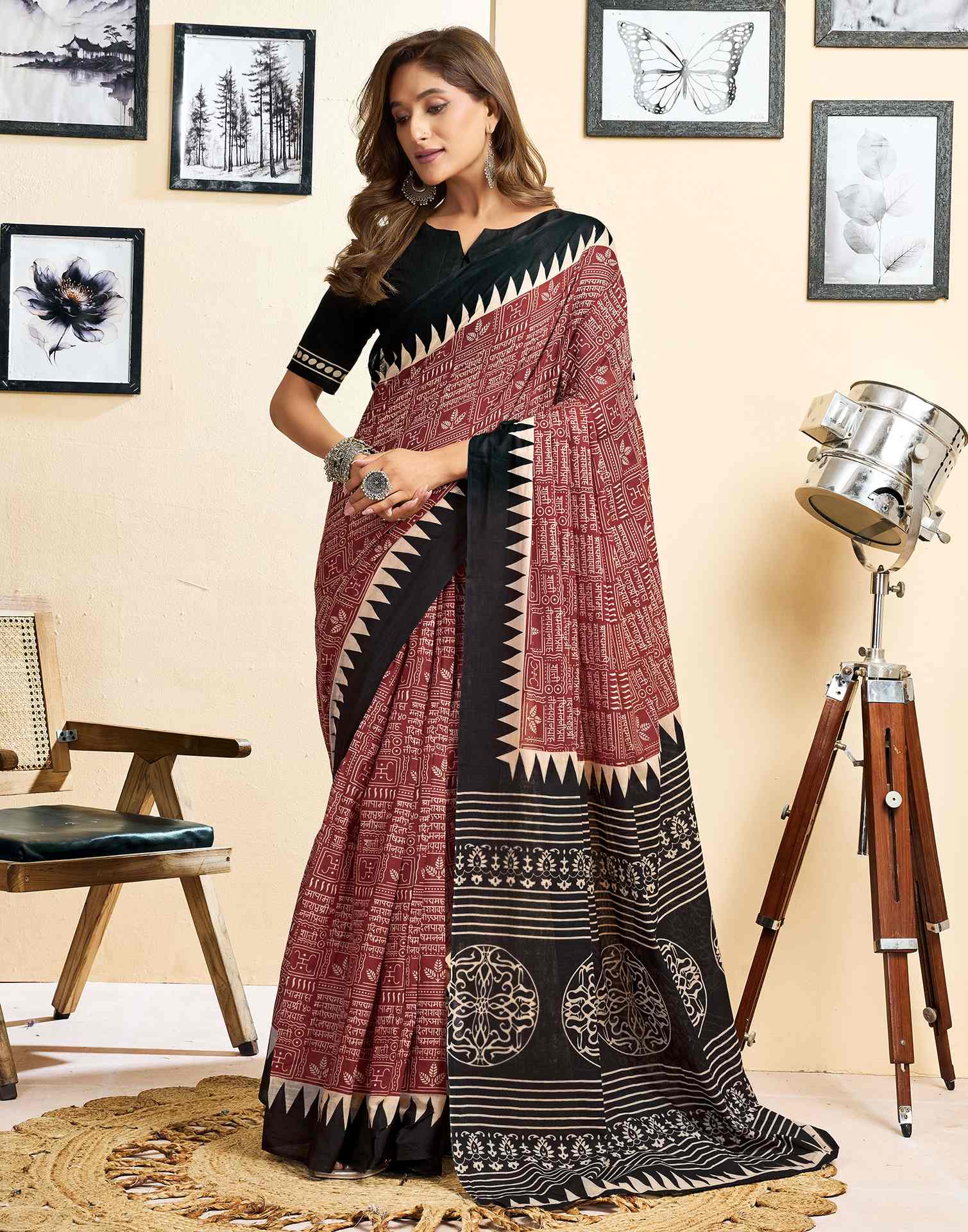 Ready To Wear Brown Cotton Printed Saree