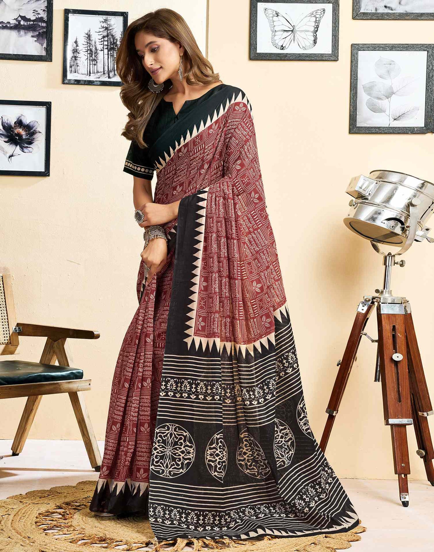 Ready To Wear Brown Cotton Printed Saree