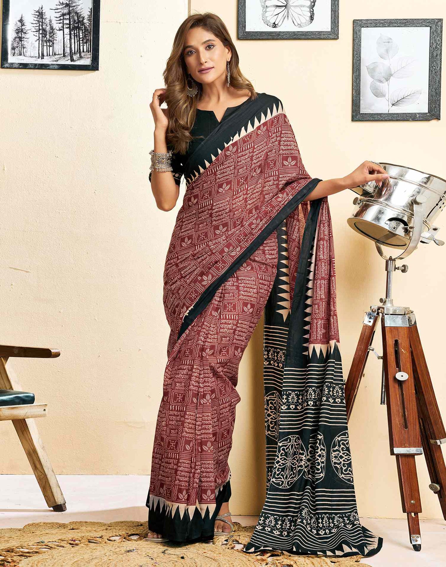 Ready To Wear Brown Cotton Printed Saree